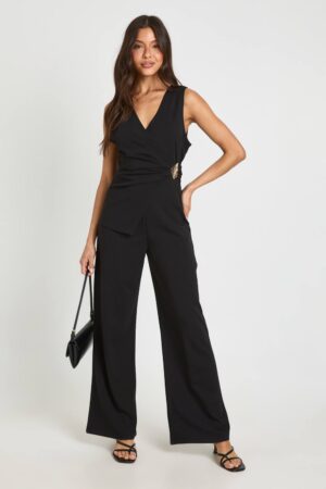 boohoo Dam Jumpsuit I Jersey Crepe Med Gulddetalj Och Vida Ben | Svart | Storlek 42