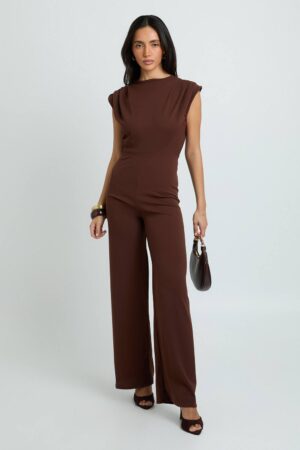 boohoo Dam Jumpsuit I Jersey-crêpe Med Rynkad Detalj Och Vida Ben | Chocolate | Storlek 16