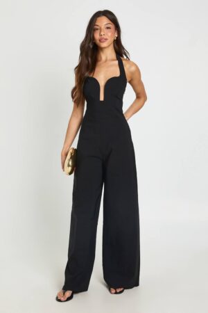 boohoo Dam Jumpsuit Med Hjärtformad Halsringning Och Vida Ben | Svart | Storlek 44