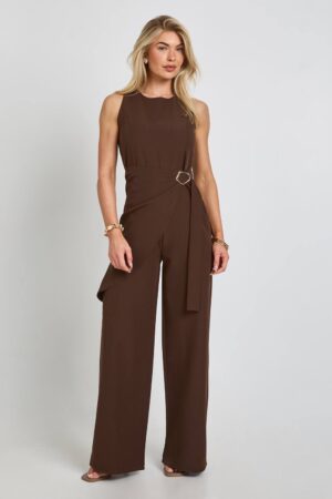 boohoo Dam Jumpsuit Med Omlottmidja Gulddetaljer Vida Ben | Espresso | Storlek 44