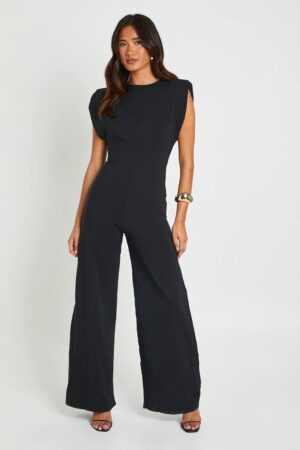 boohoo Dam Jumpsuit Med Strukturerade Axelvaddar Nyckelhålsrygg Och Vida Ben | Svart | Storlek 44