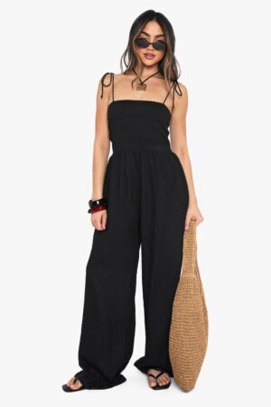 boohoo Dam Jumpsuit med linnelook och rynkad bandeau-top | Svart | Storlek 36