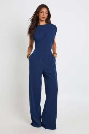 boohoo Dam Lång Asymmetrisk Jumpsuit Med Vida Ben | Marinblå | Storlek 44