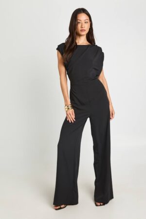 boohoo Dam Lång Asymmetrisk Jumpsuit Med Vida Ben | Svart | Storlek 46