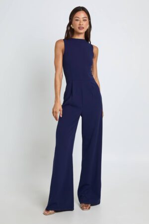 boohoo Dam Lång Skräddarsydd Jumpsuit Med Hög Krage Åtdragen Midja Och Vida Ben | Marinblå | Storlek 46