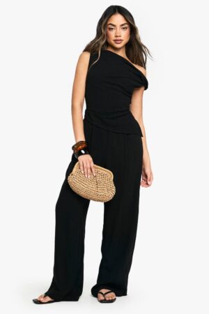 boohoo Dam Linen Look Twist Strap Jumpsuit | Svart | Storlek 44