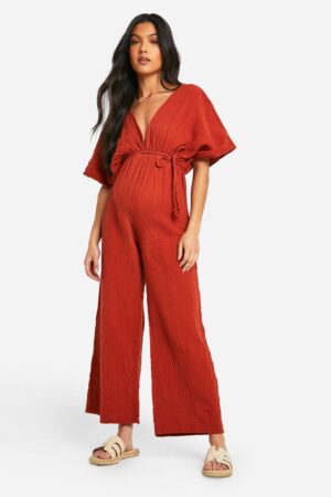 boohoo Dam Mammakläder Jumpsuit med vida ben och knytskärp | Terrakotta | Storlek 42