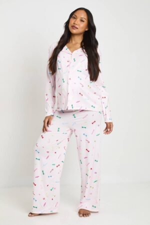 boohoo Dam Mammakläder Söt Tryckt Långärmad Skjorta & Byxpyjamas Set | Rosa | Storlek 42