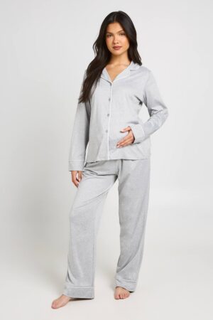 boohoo Dam Mammamodell Pyjamasset Med Pipingdetaljer, Långärmad Skjorta & Byxor | Gråmelange | Storlek 46