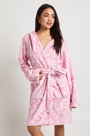 boohoo Dam Mini Morgonrock Med Rosettmönster Och Huva | Babyrosa | Storlek 44