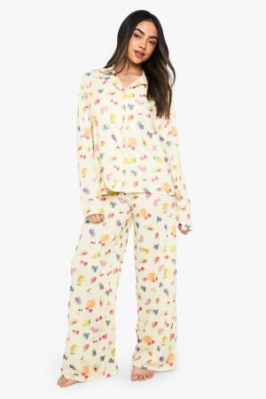 boohoo Dam Mixed Fruit Print Long Sleeve Shirt & Trousers Pyjama Set | Citron | Storlek 42