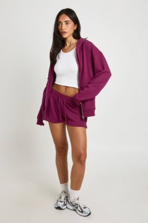 boohoo Dam Mjuk Loopback OverStorlek Zip-through Huvtröja Och Shorts Träningsset | Dark Cherry | Storlek Medium
