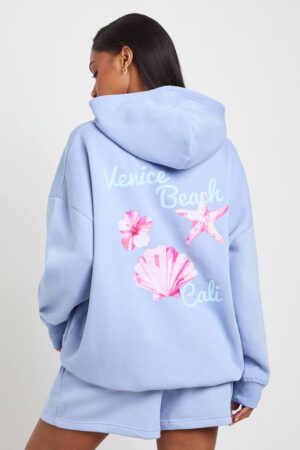 boohoo Dam Musselskaltryckt OverStorlekd Hoodie | Ljusblå | Storlek Small