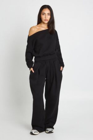 boohoo Dam Off Shoulder-sweatshirt Och Plisserade Joggers I Set | Svart | Storlek Medium