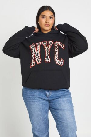 boohoo Dam PLUS LEOPARD NYC OVERStorlekD HOODIE | Svart | Storlek 48