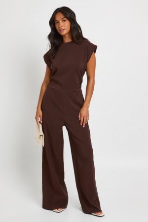 boohoo Dam Petite Jumpsuit Med Rynkad Midja Och Vida Ben | Choklad | Storlek 44