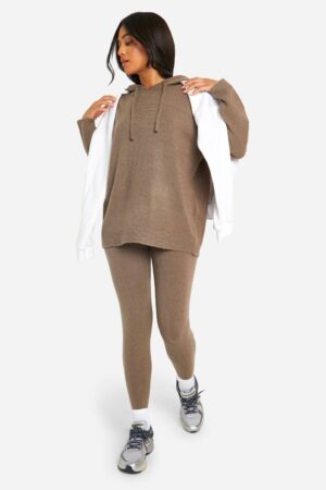 boohoo Dam Petite Mjukstickad Hoodie & Byxuppsättning | Mullvad | Storlek Small
