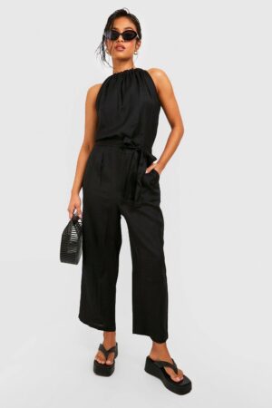 boohoo Dam Petite bältad halter-culotte-jumpsuit med linnelook | Svart | Storlek 42