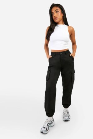 boohoo Dam Petite högmidjade twill cargo-joggers | Svart | Storlek 44