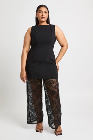 boohoo Dam Plus Bengalin Lång Jumpsuit Med Spetsbyxor Med Vida Ben | Svart | Storlek 48