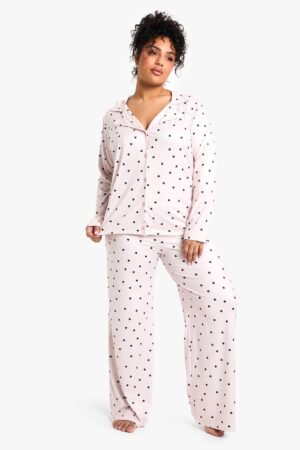 boohoo Dam Plus Hjärttryck Långärmad & Byxpajamaset | Ros | Storlek 44