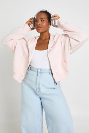 boohoo Dam Plus Huvtröja Med Ballongärmar Och Dragkedja | Babyrosa | Storlek 44