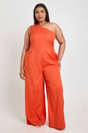 boohoo Dam Plus Linne Jumpsuit Med En Axel | Mörk Orange | Storlek 46