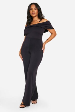 boohoo Dam Plus Scuba Bardot jumpsuit med rosett-detalj | Svart | Storlek 56