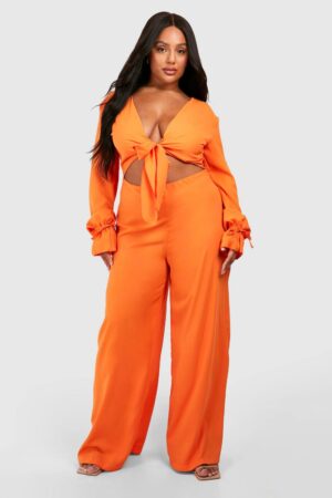 boohoo Dam Plus Vävd Knut Fram, Långärmad Jumpsuit | Orange | Storlek 56