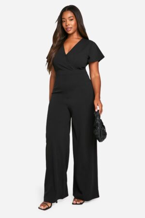 boohoo Dam Plus Wrap Over Wide Leg Jumpsuit | Svart | Storlek 52