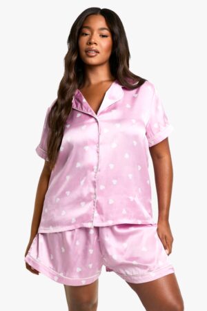 boohoo Dam Plus-hjärttryckt skjorta & shortset | Rosa | Storlek 44