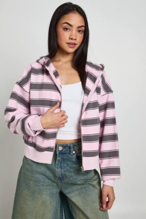 boohoo Dam Randig Boxy Hoodie Med Dragkedja | Ljusrosa | Storlek XL