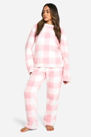 boohoo Dam Rosa Rutigt Sweatshirt- Och Byxset I Fleece För Hemmabruk | Storlek 38
