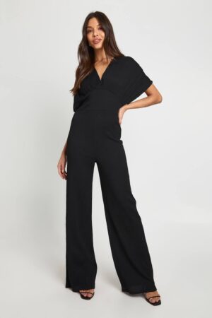 boohoo Dam Texturerad Jumpsuit med Djup Urringning och Fladdermussärmar | Svart | Storlek 38