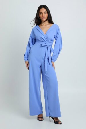 boohoo Dam Jumpsuit Med Bar Axel Omlottfront Och Vida Ben | Pastellblå | Storlek 44