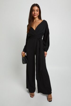 boohoo Dam Jumpsuit Med Off Shoulder-axlar, Omlottfront Och Vida Ben | Svart | Storlek 44