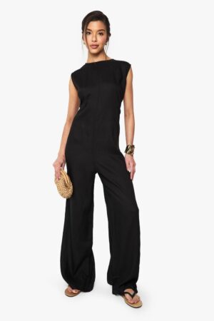 boohoo Dam Jumpsuit i linneliknande material utan ärmar | Svart | Storlek 42