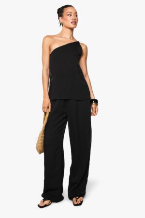 boohoo Dam Lång draperad jumpsuit i texturerad chiffon med vida ben | Svart | Storlek 40