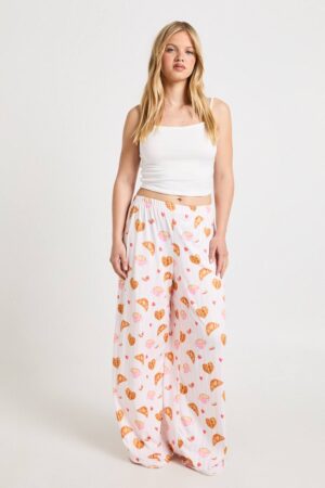 boohoo Dam Petite Linne Och Byxset Med Croissant- Och Randmönster | Rosa | Storlek 38