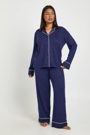 boohoo Dam Plus Jersey Pyjamas Set Med Lång Ärm, Byxor Och Pipingdetaljer | Marinblå | Storlek 46