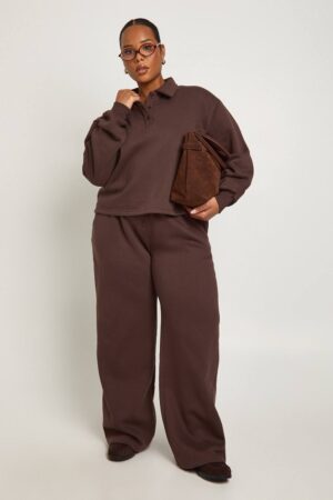 boohoo Dam Plus-knappade bredbenta joggers | Choklad | Storlek 54