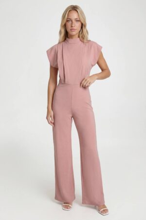 boohoo Dam Skräddarsydd Jumpsuit Med Veckdetalj Och Vida Ben | Ökenros | Storlek 42